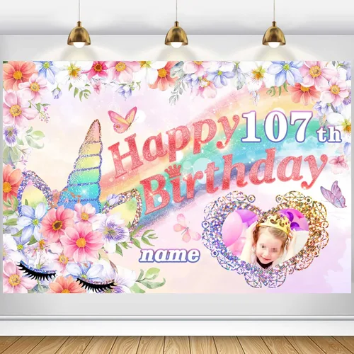Miniatura 15 de Cartel personalizado de decoración de cumpleaños número 107 con temática de castillo y princesa, pancarta de tela personalizada para suministros