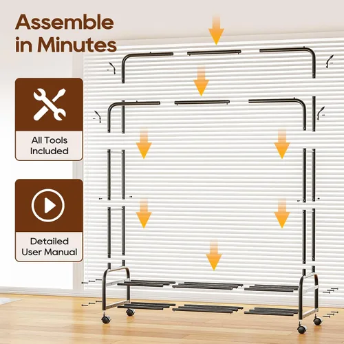 Miniatura 5 de TigerParty Perchero de doble barra para colgar ropa, perchero rodante con ruedas, estantes de ropa independientes con 2 estantes para dormitorio