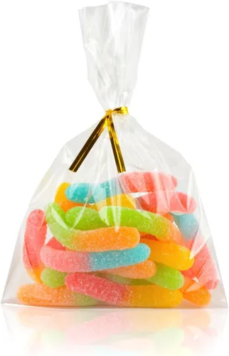 Bolsas transparentes para golosinas, 100 bolsas de celofán, bolsas transparentes para dulces con 100 lazos metálicos para dulces, palomitas de maíz,