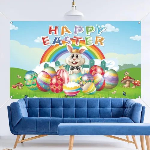 Miniatura 6 de Pancarta de fondo de feliz día de Pascua, 78 x 43 pulgadas, pancarta de Pascua de gran tamaño, pancartas de fondo azul, suministros de decoración
