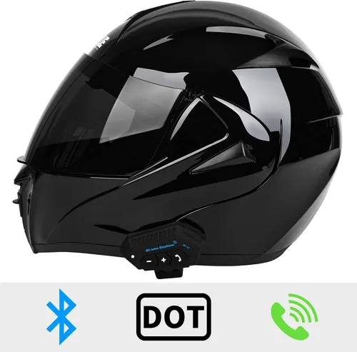Miniatura 3 de Casco modular de motocicleta Bluetooth aprobado por DOT/ECE de cara completa, abatible, antivaho, doble visera, casco con altavoz dual integrado