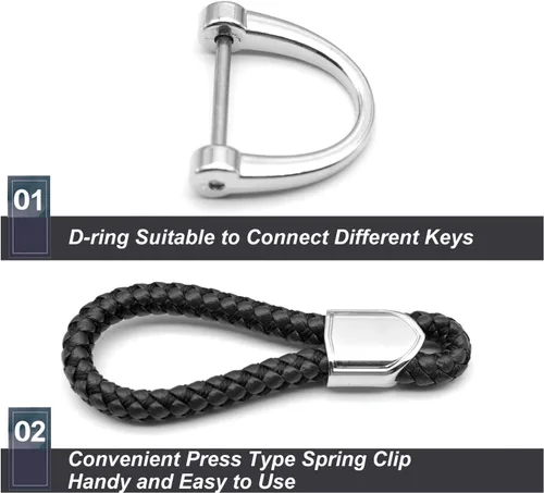 Miniatura 5 de Llaveros de cuero para llavero de automóvil, soporte de metal resistente con anillo en D para hombres y mujeres, 1 paquete, negro, largo
