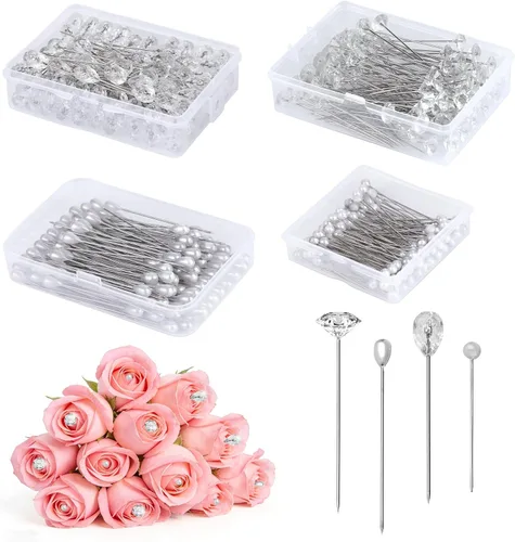 400 accesorios para ramo de flores, 4 estilos de 1.5 a 2.1 pulgadas, alfileres de ramillete, alfileres de ramo de perlas, alfileres de cabeza de
