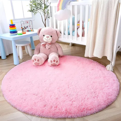 Miniatura 4 de Alfombra redonda rosa para dormitorio, alfombra circular esponjosa de 4 pies para habitación de los niños, alfombra suave antideslizante, alfombra