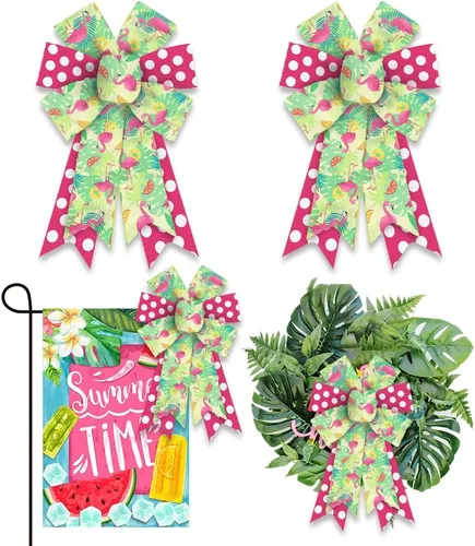 Estivaux 2 lazos de verano para corona, lazos de corona de vacaciones de verano, lazos de arpillera verde y rosa, lazos de flamencos hawaianos,