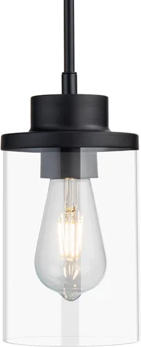 Miniatura 9 de Moderna Lámpara Colgante de Granja Negra de Vidrio Transparente Cilíndrico, Iluminación Colgante de Metal Industrial Mini para Isla de Cocina, Mesa