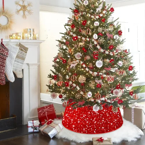 Miniatura 6 de FANPROMS Collares de Árbol de Navidad para Árboles Artificiales Base de 23.6 Pulgadas de Diámetro Falda de Árbol de Lentejuelas Rojas Moderno Anillo