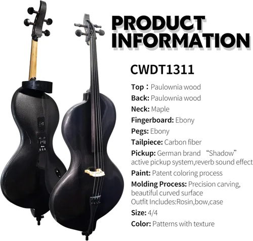 Miniatura 2 de TARIO Violonchelo eléctrico de tamaño completo 4/4 con pastilla activa de sombra, diapasón de ébano, acabado de fibra de carbono texturizada, cuerpo
