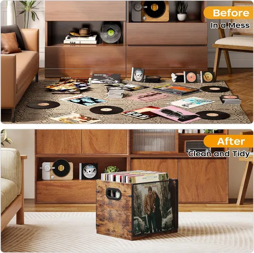 Miniatura 5 de Homeiju Caja de discos de madera y metal, soporte y organizador de álbumes de vinilo, con capacidad para hasta 60 discos