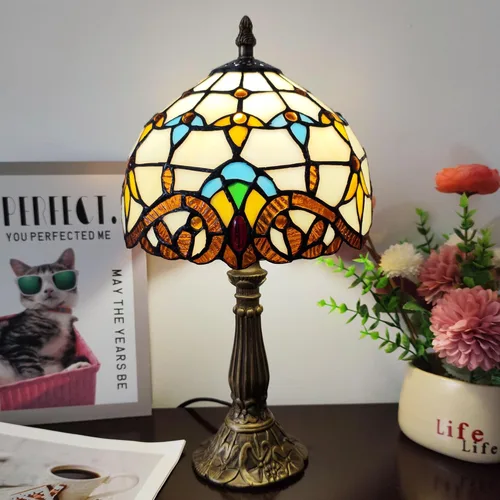 Miniatura 10 de Lámpara de Mesa Tiffany de 3 Vías Estilo Tiffany Lámpara de Escritorio Pequeña Lámpara de Vidrio Emplomado Luz Antigua Lámpara de Mesita de Noche