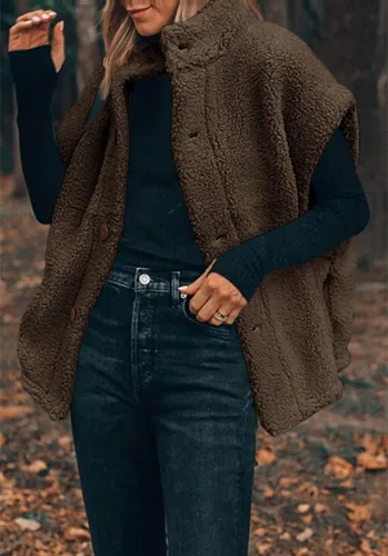 Miniatura 70 de Hongqizo - Chaleco de forro polar mullido para mujer, casual, de gran tamaño, cálido, con botones, chaqueta de sherpa con bolsillos