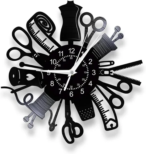 Reloj de pared de costura, máquina de coser de 12 pulgadas, diseño de disco de vinilo, reloj de pared silencioso de cuarzo sin tictac, vintage, Sin