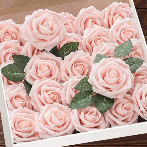 Miniatura 27 de Higfra Flores artificiales, 25 rosas falsas de espuma de aspecto real con tallos para ramos de boda, centros de mesa de despedida de soltera, Brillo