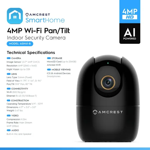 Miniatura 7 de Amcrest Cámara WiFi de 4MP para interiores, cámara para perros, monitor de sonido y bebé, detección de humanos y mascotas, seguimiento de Negro