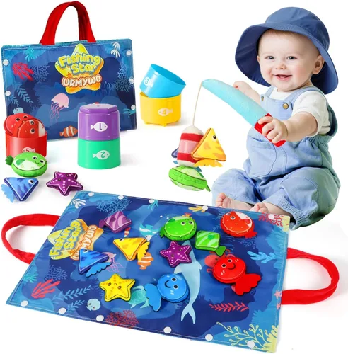 Juguetes Montessori para niños de 1 año – Juego de pesca de tela para niños pequeños 17 en 1 con vasos apilables clasificación de colores, juguete