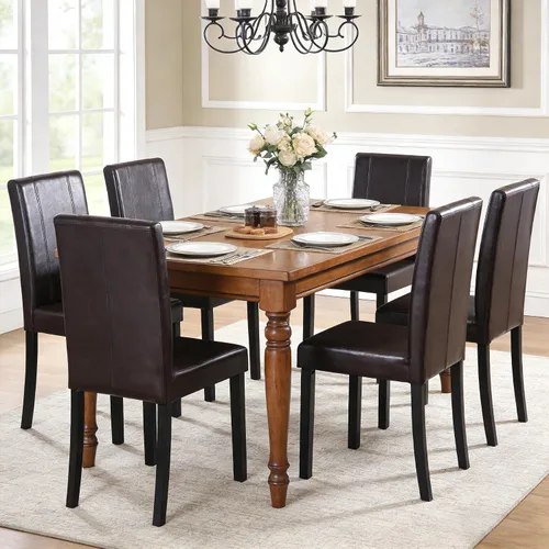 Miniatura 8 de SUPER DEAL Silla de comedor Parson acolchada de cuero sintético de madera, impermeable y resistente al aceite, sillas elásticas para cocina