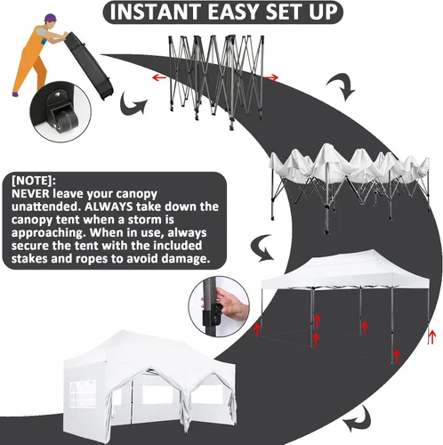 Miniatura 5 de COBIZI 10x20 Toldo emergente con 6 paredes laterales, toldo resistente UPF 50+ para todas las estaciones, resistente al viento, impermeable, Blanco