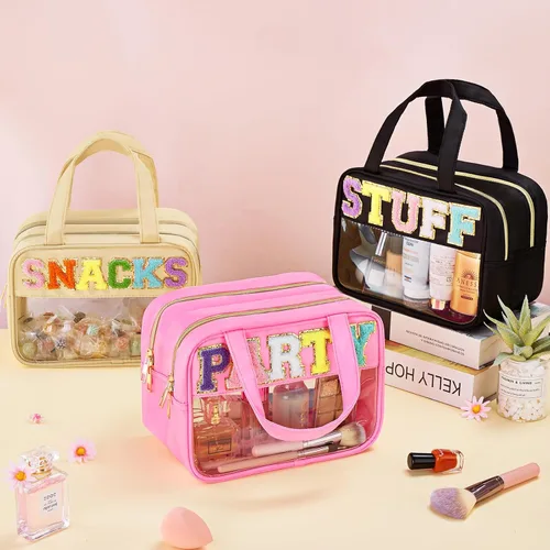 Miniatura 3 de Bolsa de Maquillaje Transparente con Letras de Chenilla, Bolsa de Cosméticos Preppy Transparente, Bolsas de Snacks Transparentes con Cremallera