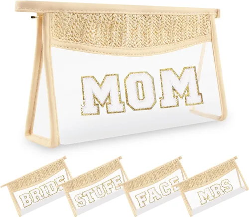 Miniatura 13 de Pequeñas bolsas de maquillaje transparentes de paja bohemia para mujeres y niñas, bolsa de cosméticos con cremallera de chenilla, bolsa de parche