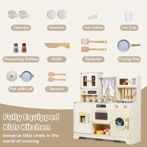 Miniatura 7 de Costzon Cocina de Juego para Niños, Set de Juego de Cocina de Juguete de Madera con Máquina de Hielo, Cafetera, Lavadora, Cortina, Microondas