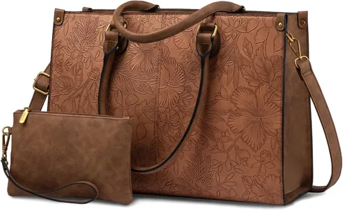 Miniatura 16 de LOVEVOOK Bolsa de mano para laptop para mujer, 15.6 pulgadas, de gran capacidad, de cuero vintage, impermeable, con bolso de mano, regalo ideal
