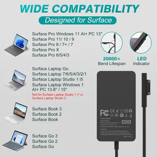 Miniatura 2 de Cargador de 65 W compatible con Microsoft Surface Pro 11, 10, 9, 8, 7+, 7, 6, 5, 4, 3, X, adaptador de corriente para Windows Surface Laptop