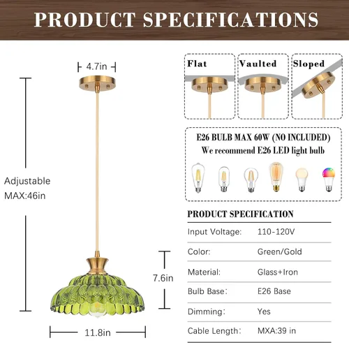 Miniatura 4 de Luces Colgantes de Vidrio Verde, 11.8" Iluminación Vintage Accesorios de Luz de Vidrio Dorado Cepillado Moderno Colgante de Techo para Isla