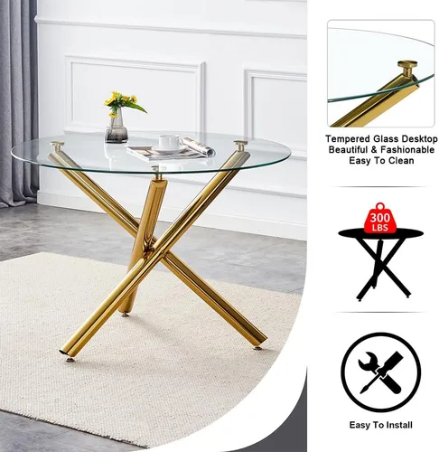 Miniatura 5 de Mesa redonda de comedor de vidrio para 2 a 4, moderna mesa superior de vidrio templado, patas cromadas resistentes, almohadillas ajustables, mesa