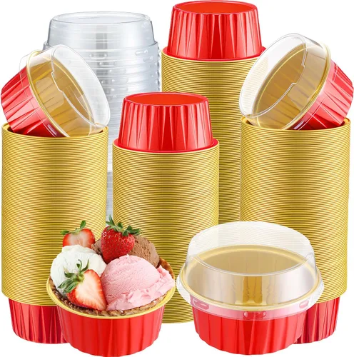 Miniatura 22 de Gejoy 400 Piezas Moldes de Papel de Aluminio para Hornear con Tapas 5 oz Moldes Desechables Ramekins Mini Moldes para Pasteles Crème Brûlée Moldes