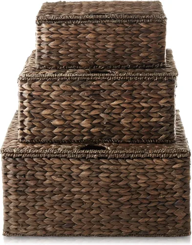 Miniatura 4 de Casafield Juego de 3 canastas de almacenamiento rectangulares de jacinto de agua con tapas (Espresso - Pequeña/Mediana/Grande) para dormitorio