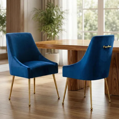 Miniatura 14 de Juego de 2 sillas de comedor de terciopelo, modernas sillas tapizadas de mediados de siglo con patas de metal dorado y asa de anillo, cómodas sillas
