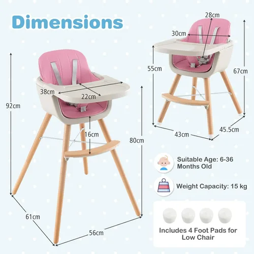 Miniatura 9 de HONEY JOY Silla alta para bebé, silla alta 6 en 1 de madera Eat & Grow con bandeja extraíble, arnés de 5 puntos, cojín de poliuretano y reposapiés
