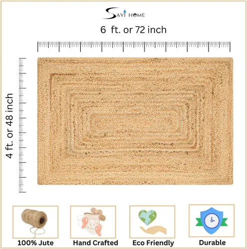 Miniatura 2 de Savi Home Alfombra de yute natural de 4 x 6 pies – Alfombra de granja trenzada tejida a mano de 72 x 48 pulgadas, alfombra de entrada en telar