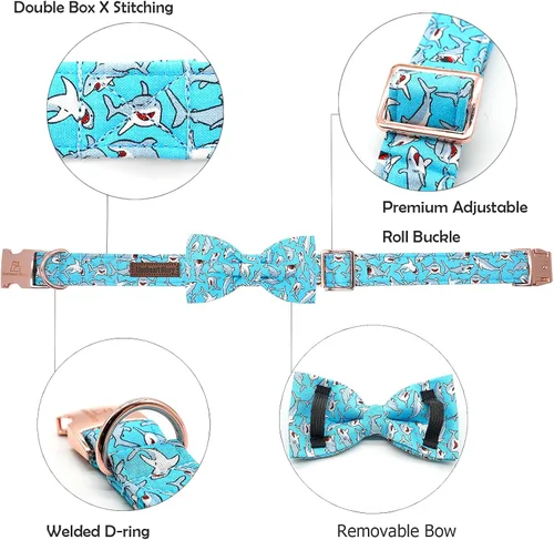 Miniatura 2 de Lionheart glory Collar de perro con lazo azul con lazo estampado de tiburón, collar para perro niño o niña, suave, duradero, ajustable, para perros