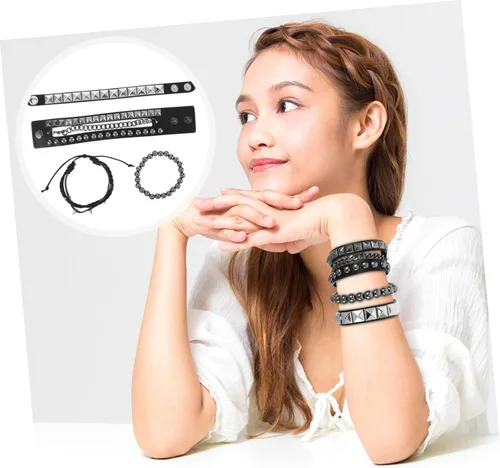 Miniatura 7 de NOLITOY 4pcs Punk Multilayered Bracelet with Studded Rivets Adjustable Vintage Style Faux Leather Wristband for Street Fashion Daily Wear and Goth