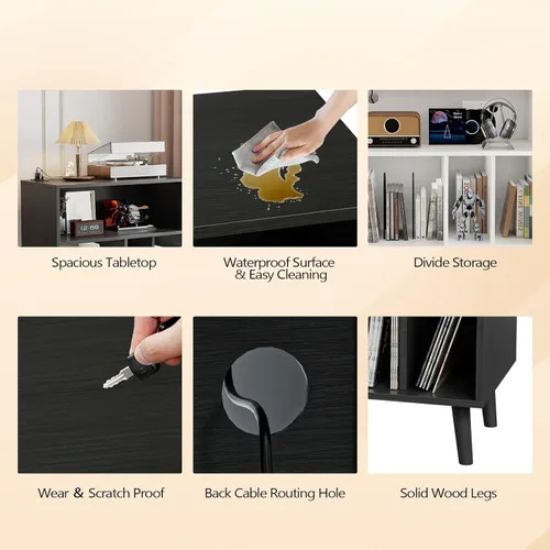 Miniatura 3 de VINGLI Soporte para tocadiscos con almacenamiento de vinilo abierto, mesa de almacenamiento de álbumes de mediados de siglo con luz LED de hasta 300