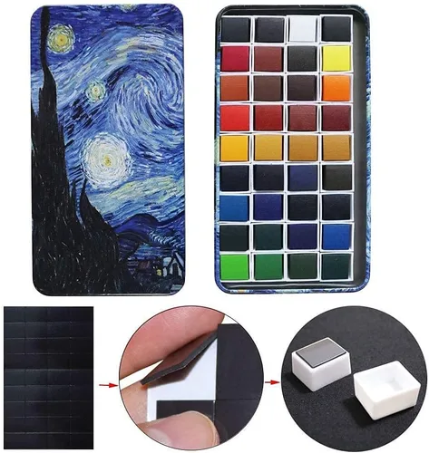 Miniatura 2 de Juego de pintura de acuarela, pigmento sólido de 36 colores en medias sartenes de 0.07 onzas líquidas con paleta de mezcla, kit de pintura