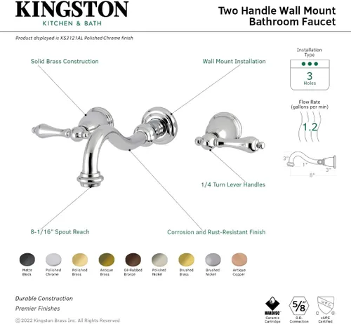 Miniatura 3 de Kingston Brass KS3123AL - Grifo de baño de montaje en pared central de 8 pulgadas, latón antiguo