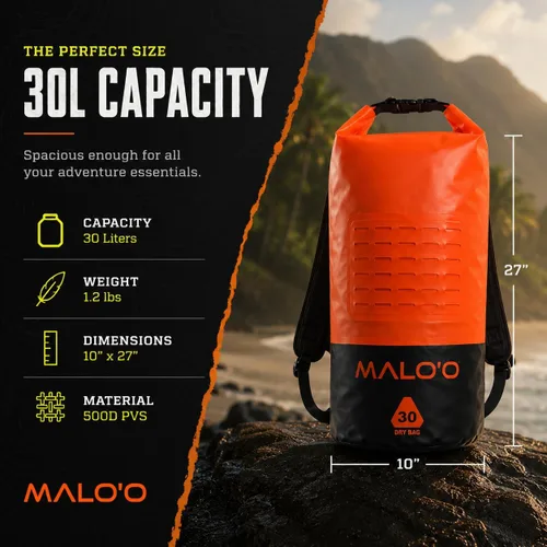 Miniatura 3 de Malo’o Mochila de Bolsillo de 30L de Alta Resistencia 100% Impermeable con Tapa Enrollable – Mantiene el Equipo Seco para Pesca, Rafting, Kayak