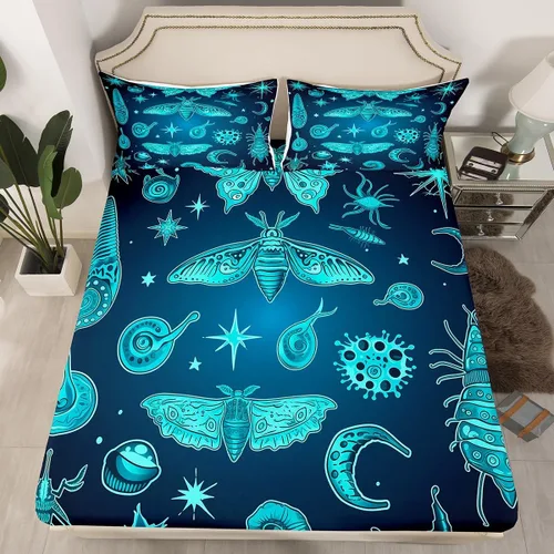 Erosebridal Juego de ropa de cama color verde azulado tamaño individual, sábana bajera ajustable de polilla exótica Trippy Sun y Moon para niñas y