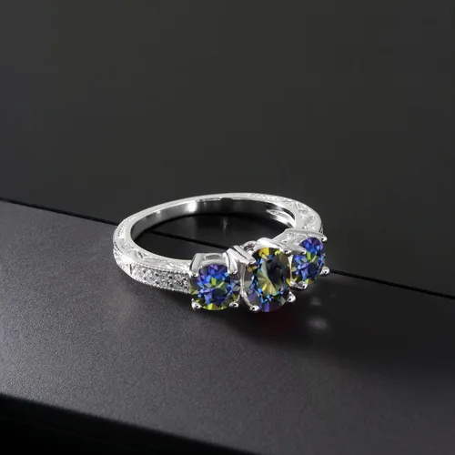 Miniatura 25 de Gem Stone King Anillo de compromiso de 3 piedras preciosas de oro blanco de 10 quilates con piedra natal y diamantes cultivados en laboratorio