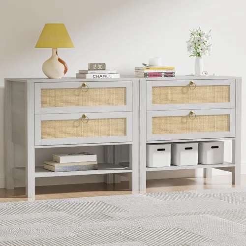 Miniatura 32 de Mesita de noche con 2 cajones de almacenamiento, mesa auxiliar moderna para dormitorio con asa recortada, mesitas de noche grandes para dormitorio