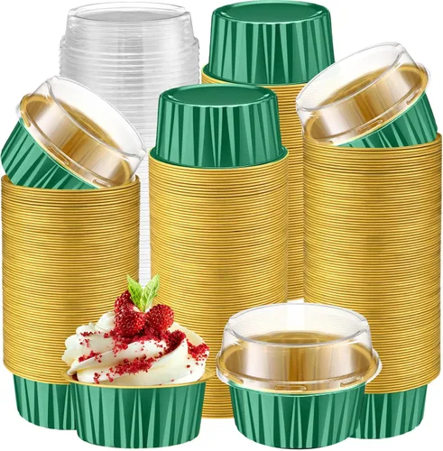 Miniatura 29 de Gejoy 400 Piezas Moldes de Papel de Aluminio para Hornear con Tapas 5 oz Moldes Desechables Ramekins Mini Moldes para Pasteles Crème Brûlée Moldes