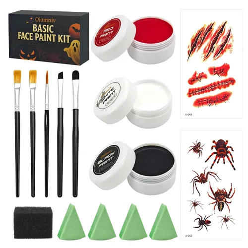 Oiomniv Kit de pintura facial a base de agua, negro, blanco, rojo, con 5 pinceles, 4 esponjas, 2 calcomanías, maquillaje SFX para adultos,