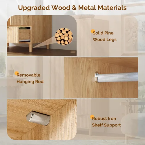 Miniatura 5 de VINGLI Armario Ropero Acanalado con Puertas y Cajones, Gabinete Armario con Barra para Colgar, Armario de Dormitorio de Madera de Roble, Armario