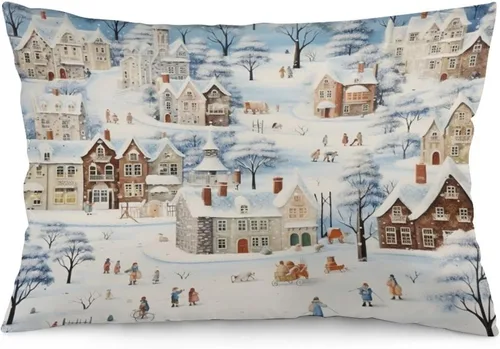 Miniatura 19 de Funda de almohada con escena de pueblo navideño con niños, fundas de almohada de 12 x 20 pulgadas, almohadas decorativas de Navidad para sofá, funda