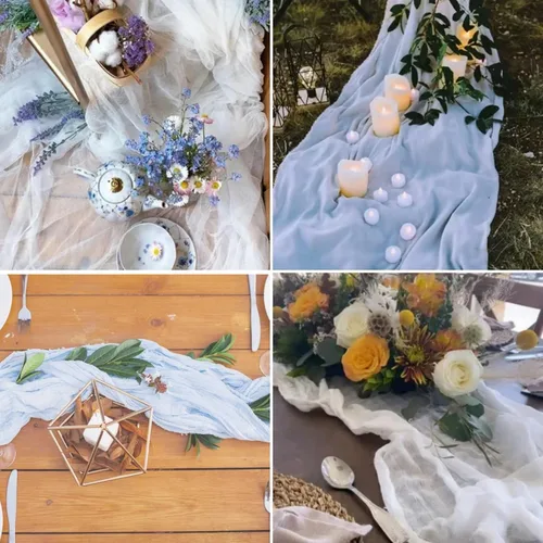 Miniatura 9 de Paquete de 15 caminos de mesa de estopilla de 6 pies, camino de mesa de tela de queso de 35x72 pulgadas, caminos de mesa de gasa bohemios para boda