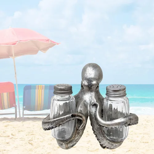 Miniatura 7 de BestGiftEver Juego de salero y pimentero náutico con soporte de pulpo plateado, decoración temática de playa, para entusiastas de la decoración
