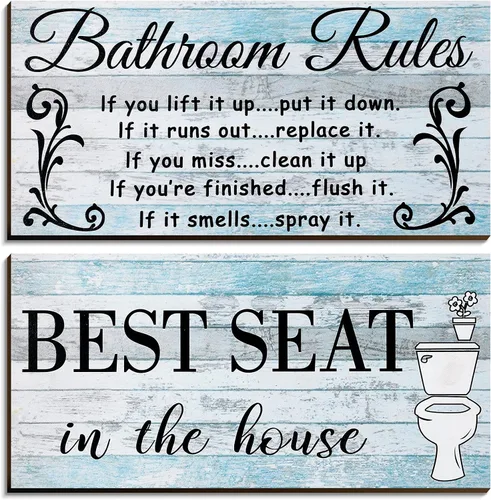 Miniatura 11 de Jetec 2 Piezas Decoración de Pared de Baño, Reglas del Baño, Arte de Pared con Flores, Letreros de Baño Divertidos, Decoración Rústica de Baño