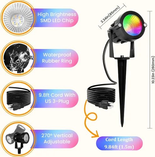 Miniatura 7 de RGBW - Foco multicolor para exteriores: 16 luces de paisaje que cambian de color con control remoto de 120 V enchufable, luz LED impermeable